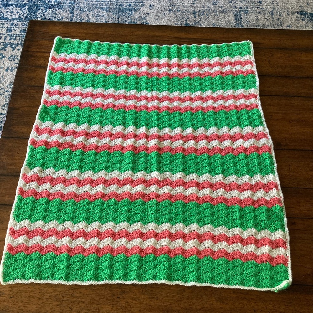 Hand Crochet Baby Blanket Green Pink White